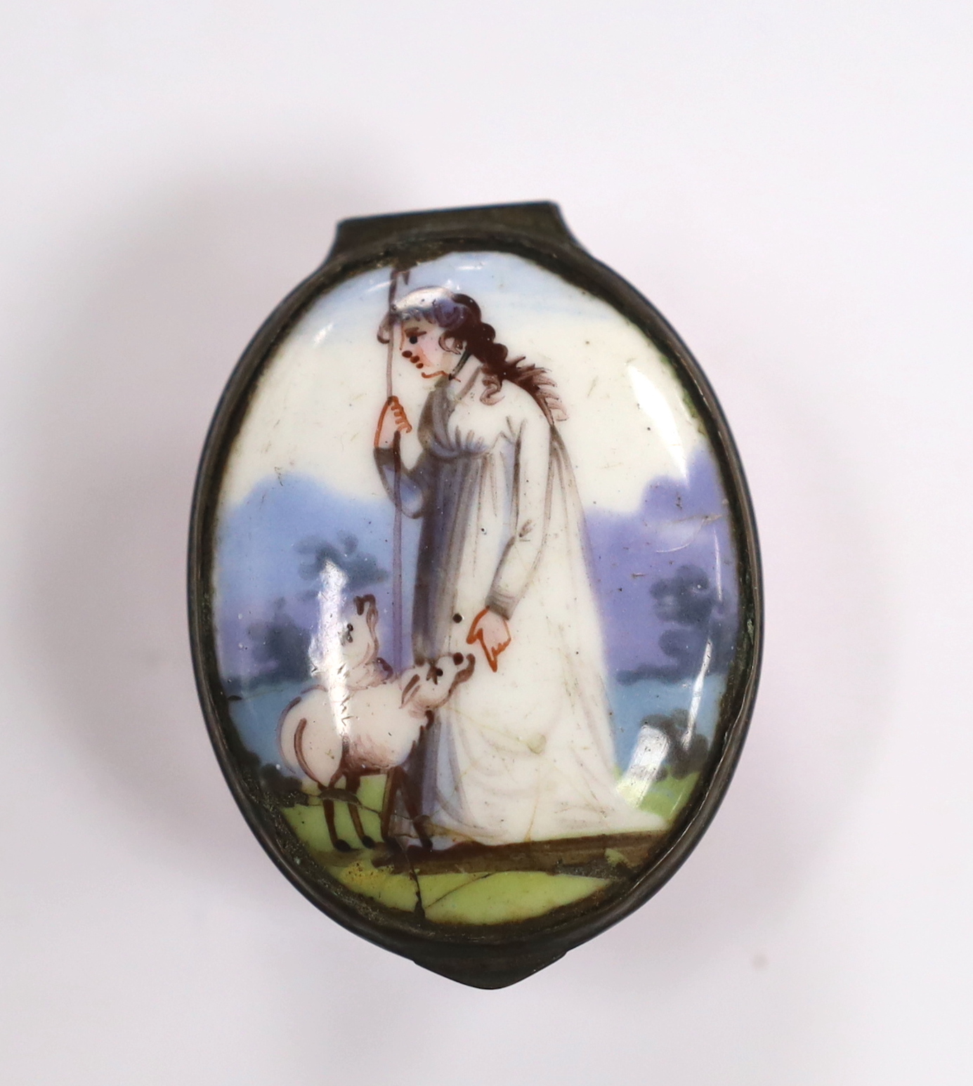 A late 18th / early 19th century South Staffordshire enamel box of a shepherdess and sheep, 5cm deep
